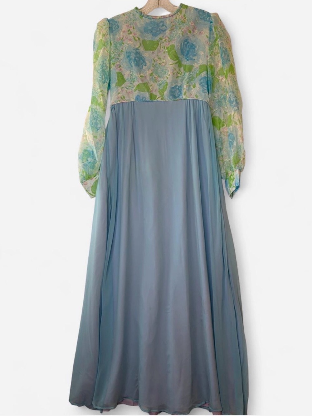 Vintage 70s Blue Chiffon Floral Empire Waist Maxi Dress Bishop Sleeve XS/S